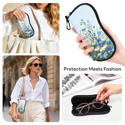 Sunglasses Case with Belt Clip, Ultra Light Neoprene Zipper Soft Padded Glasses Case for Women Men - color: Daisy