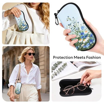 Sunglasses Case with Belt Clip, Ultra Light Neoprene Zipper Soft Padded Glasses Case for Women Men - color: Daisy