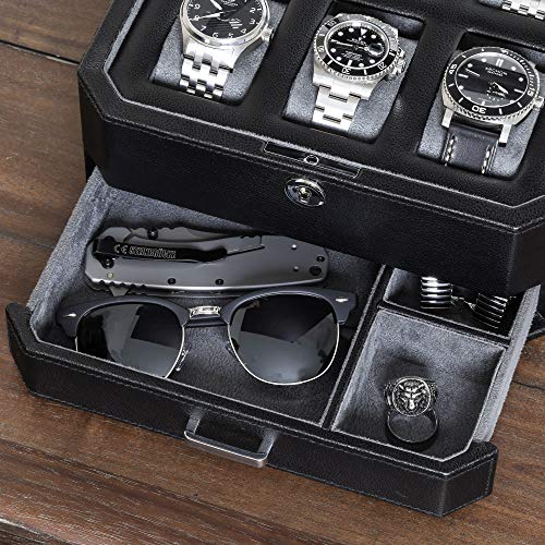 ROTHWELL 6 Slot Leather Watch Box with Valet Drawer - Luxury Watch Case Display Organizer, Microsuede Liner, Locking Mens Jewelry Watches Holder, Men's Storage Boxes with Large Glass Top (Black/Grey) - color: 6 Slot - Black / Grey