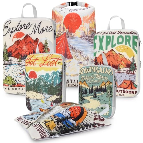 Gonex Compression Packing Cubes, 6pcs Expandable Storage Travel Luggage Bags Organizers with Shoe Bag Laundry Bag, Travel Cubes for Suitcase Carry On (Retro Mountains) - color: 6-Retro Mountains, size: 6 Set