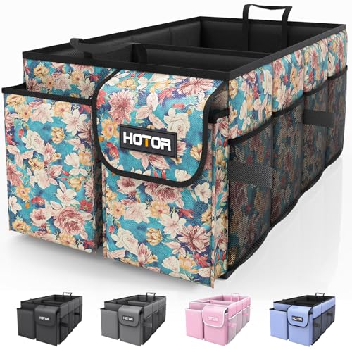 HOTOR Trunk Organizer- Car Organizer, Foldable Trunk organizer for SUVs & Sedans, Sturdy Car Organization for Car Accessories, Tools, Sundries, Blue Flower, 2 Compartments, 21.3"×12.6"×10.6" - color: Blue Flower, size: Medium (2 Compartments)