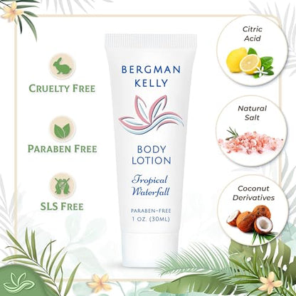 Bergman Kelly Hotel Toiletries Bundle (Tropical Waterfall, 1 oz each, 40 Pcs) 4-Piece Set: 10 Rectangular Bar Soap, 10 Shampoo, 10 Conditioner & 10 Body Lotion - Bulk Mini Guest Amenities Supply - size: 1 Fl Oz (Pack of 10)
