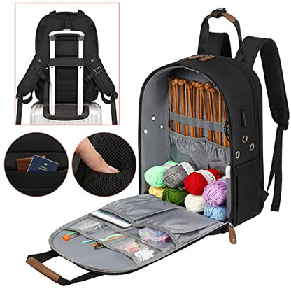 SINVICKO Crochet Bag, Knitting Bag Backpack and Totes Organizer with USB Charging Port, Large Yarn Storage Tote Bag - color: Black
