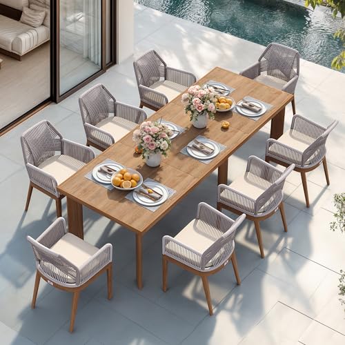 PURPLE LEAF 9 Pieces Patio Dining Set Aluminum Rectangular Table and Rattan Arm Chairs with Cushions for Kitchen Porch Garden Modern Outdoor Furniture Sets - color: Deep Teak-high Armrest, size: 9 PCS, style: Rectangular