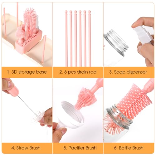 Travel Bottle Washing Kit with Storage Case, 7-in-1 Baby Travel Bottle Cleaner Kit for Travel and Home, All-in-One Baby Bottle Brush Set with Drying Rack for Bottles and Breast Pump Parts (Pink) - color: Pink