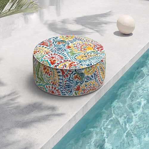 Indoor/Outdoor Inflatable Ottoman D21 x H9 inch, Round Footstool Inflatable Foot Rest Ottoman with Handle, Portable Ottomans Pouf for Patio, Garden, Camping, Home, Paisley Multi - color: Paisley Multi, size: 21"D x 21"W x 9"H