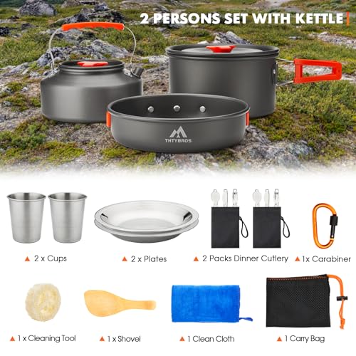 THTYBROS 17pcs Camping Cookware Kit, 0.45Gal Pot, 7inches Pan,0.30Gal Kettle Set with 2 Set Stainless Steel Cups Plates Forks Knives Spoons for Hiking - size: 17 PCS without Stove