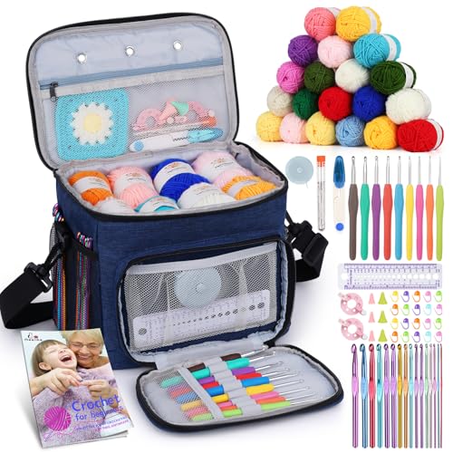 Aeelike Complete Beginner Kit 87PCS, Crochet Kit for Beginners Adults, Navy Portable Yarn Bag, 23 Crochet Hooks,Yarn 20 Colors Skeins, Instruction & Crocheting Accessories - color: Navy