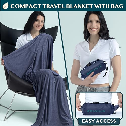PAVILIA Travel Blanket Airplane Compact with Bag, Lightweight Soft Fleece Plane Blanket Long Flights, Camping Road Trips, Packable Travel Gift Essentials with Luggage Backpack Strap, 65x40, Navy Blue - color: Navy Blue