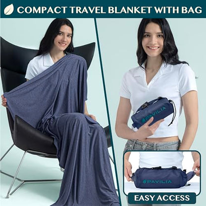 PAVILIA Travel Blanket Airplane Compact with Bag, Lightweight Soft Fleece Plane Blanket Long Flights, Camping Road Trips, Packable Travel Gift Essentials with Luggage Backpack Strap, 65x40, Navy Blue - color: Navy Blue