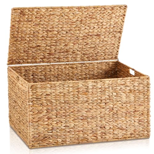 Wonderjune 36 x 20 x 18.5 Inch Water Hyacinth Wicker Storage Trunk with Metal Frame, Heavy Duty Storage Chest with Lid Large Rattan Basket for Blankets, Seasonal Clothes, Extra Bedding (Natural) - color: Natural, size: 36 x 20 x 18.5'', style: Flat Lid