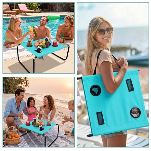 Portable Beach Table Foldable Camping Picnic Table with Cup Holder and Phone Pockets Lightweight Stable for Tailgate Travel Fishing Hiking and Outdoor Adventures(Lake Blue,Solid Pattern) - color: Lake Blue