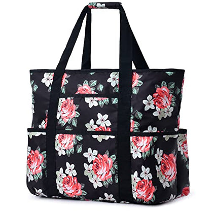 Becokan Beach Bags for Women Large Beach Tote Bag with Zipper Pockets Beach Bag Waterproof Sandproof Travel Nurse Tote Bag - color: Flowers