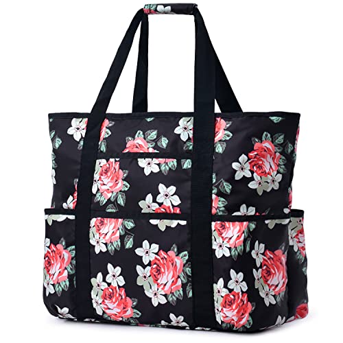 Becokan Beach Bags for Women Large Beach Tote Bag with Zipper Pockets Beach Bag Waterproof Sandproof Travel Nurse Tote Bag - color: Flowers
