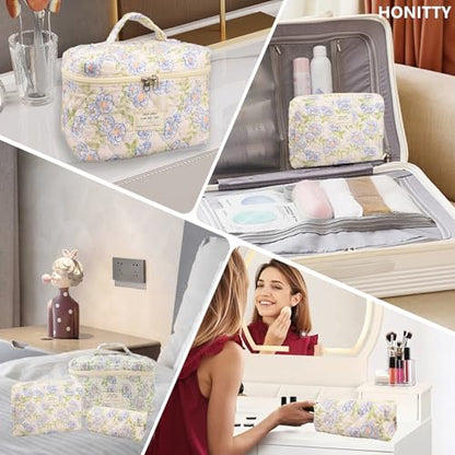 honitty Makeup Bag,Quilted Cosmetic Bags,Large Floral Make Up Organize bag,Makeup Bag Set for Women,Flower Travel Toiletry Bag - color: Blue-Flower