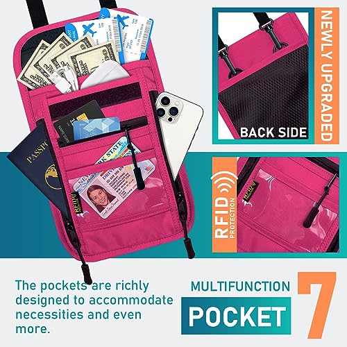 sundee Travel Neck Wallet with Double Zippers, RFID Blocking Passport Holder with Adjustable Neck Strap for Men and Women to Keep Cash, Credit Cards and Travel Documents Safe - Rose Red - color: Rose Red