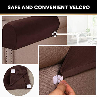 PrinceDeco 2 Pack Thick Velvet Stretch Armrest Covers for Chairs and Sofas - Non Slip Armchair Covers for Arms, Brown - color: Brown