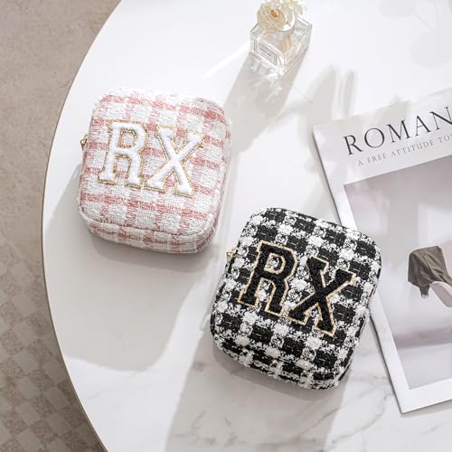 uekeboag Personalized Small Checkered Medicine Cosmetic Bag, Cute Plaid Pattern Chenille Letter Patch RX Drug Pouch with Zipper, Makeup Travel Gift Bag for Women and Girls (08 Pink Checkered) - color: 08Pink Checkered