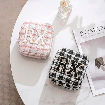 uekeboag Personalized Small Checkered Medicine Cosmetic Bag, Cute Plaid Pattern Chenille Letter Patch RX Drug Pouch with Zipper, Makeup Travel Gift Bag for Women and Girls (09 White Checkered) - color: 09White Checkered