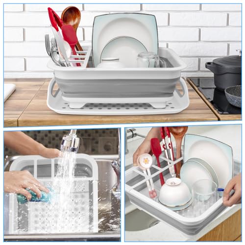 Collapsible Dish Drying Rack Portable Dish Drainers for Kitchen Counter with Drainboard, Kitchen Sink Organizer Basket RV Accessories Camper Storage and Organization Dish Rack Over Sink Drying Rack - style: With Tray