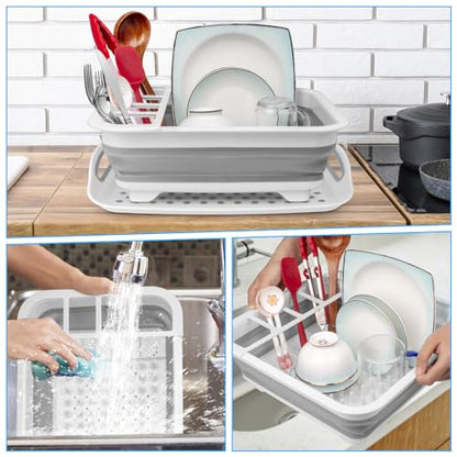 Collapsible Dish Drying Rack Portable Dish Drainers for Kitchen Counter with Drainboard, Kitchen Sink Organizer Basket RV Accessories Camper Storage and Organization Dish Rack Over Sink Drying Rack - style: With Tray