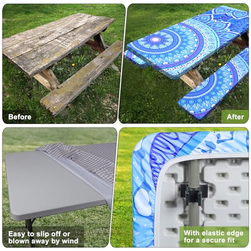 Picnic Table Cover with Bench Covers 6FT 3 Pcs Waterproof Windproof Aesthetic Camping Tablecloth with Drawstring Bag, Fitted for 6 Foot Rectangle Tables and Seats, 72 inch, Light Blue Purple - color: Light Blue Purple
