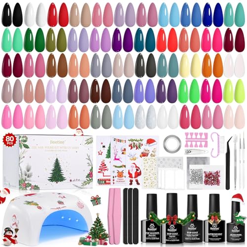 Beetles 80 Pcs Christmas Gel Nail Polish Kit with U V Light - 55 Color Gel Nail Kit Gifts for Women Soak Off Color Enchantment Winter Red Nails Art Home DIY Salon Beginners Manicure Set - color: Christmas Gel Nail Kit