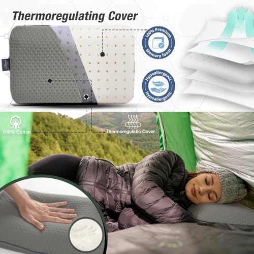 alkamto Travel & Camping Comfortable Memory Foam Pillow – Easy to Carry Portable Bag – Temperature Regulating Pillow Case (Grey) - size: Grey Travel