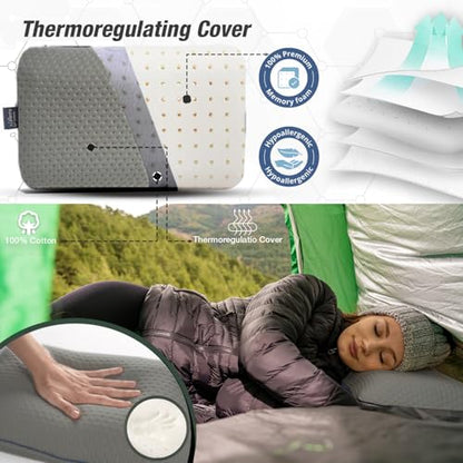 alkamto Travel & Camping Comfortable Memory Foam Pillow – Easy to Carry Portable Bag – Temperature Regulating Pillow Case (Grey) - size: Grey Travel