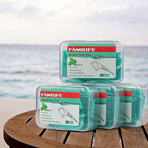 FAMILIFE Floss Picks, 240 Count Mint Dental Floss Cleaner, Tooth Picks Flossers with 4 Travel Handy Cases, Helps to Fight Tooth Decay and Keep Your Teeth Clean, Flossing Sticks for Family - color: Mint 240 Pcs