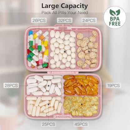 FYY Weekly Pill Organizer with Labels,8 Compartments Travel Daily Pill Case Airtight Moistureproof Large Pill Box to Hold Vitamins, Fish Oil, Supplements,Cotton Swab and Bandages-Pink - color: Pink