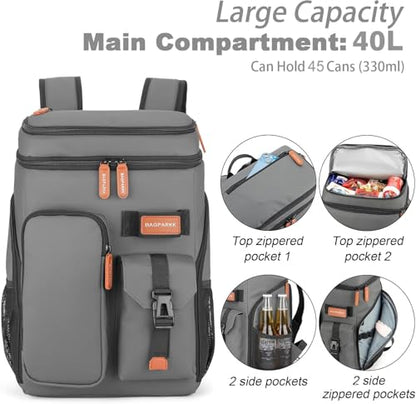 BAGPARKK Insulated Cooler Backpack,33/45 Cans Multifunctional Double Deck Leakproof Cooler Bag with Sternum Strap,Large Capacity Lightweight Travel Camping Beach Backpack - color: Grey, size: 45Can