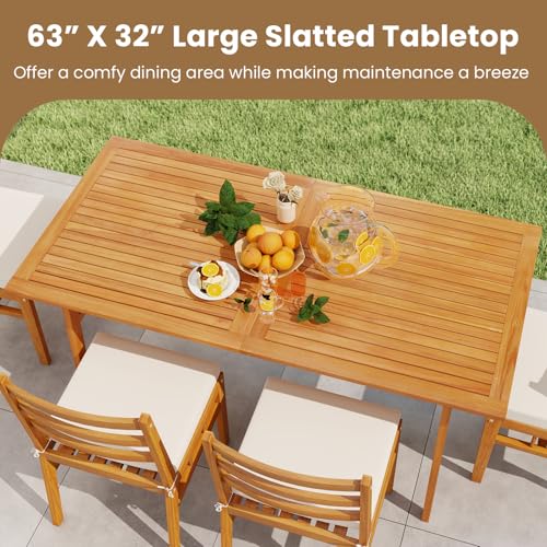 Tangkula 7 Pieces Patio Acacia Wood Dining Set, Outdoor Heavy Duty Rectangular Table with 1.97” Umbrella Hole and 6 Cushioned Chairs, for Deck, Garden and Backyard - size: 7 pieces
