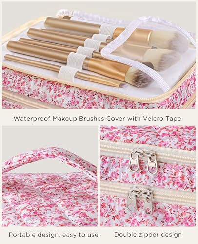 HBselect 2Pcs Travel Makeup Bag, Large Cotton Quilted Makeup Bag Cosmetic Bag Cute Make up Bag Toiletry Bags for Women Girls - color: 2PCS-FLOWER5