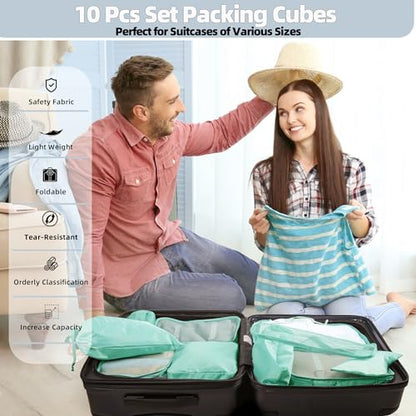 10 Pcs Set Packing Cubes - Travel Packing Organizers, Expandable Suitcase Organizer, Luggage Organizer Bags - color: BRIGHT CYAN