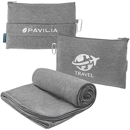 PAVILIA Soft Travel Blanket, Compact Airplane Blanket in Bag, Portable Blanket Pillow Set, Lightweight and Packable Plane Flight Car Trips Travel Home Office Gift Accessories, Gray, 65x40 inches - color: Gray