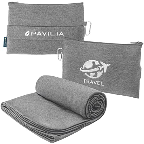 PAVILIA Soft Travel Blanket, Compact Airplane Blanket in Bag, Portable Blanket Pillow Set, Lightweight and Packable Plane Flight Car Trips Travel Home Office Gift Accessories, Gray, 65x40 inches - color: Gray