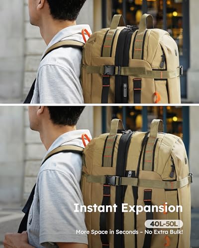 Tolaccea Travel Backpack for Men Women, 40L-50L Carry On Backpack with Wet Dry Compartment, TSA Approved Laptop Daypack Fits 15.6", Convertible Expandable Large Rucksack Duffel Bag for Work Travel - color: Khaki