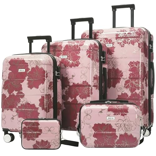 Merax Luggage Set,5 Piece Luggage with Handbag and Cosmetic Case,Harside Printing Suitcase with Wheels,Carry on Luggage Airline Approved(Purple Pink Flower,8/14/20/24/28) - color: Purple Pink Flower, style: 8/14/20/24/28