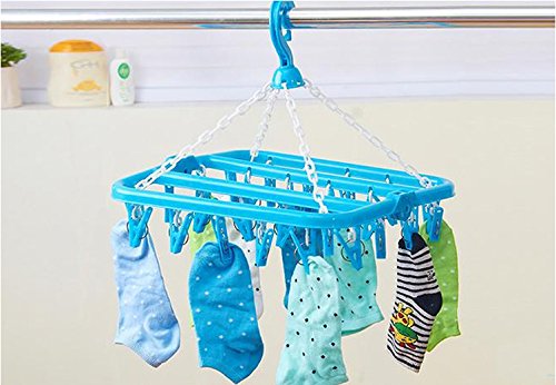 Clip and Drip Hanger Clothes Hanger Drying Rack 32 Clips (Blue) - color: Blue