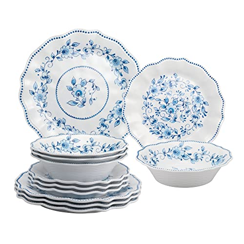 UPware 12 Piece Blue and White Floral Melamine Dinnerware Sets, Outdoor Dishes Set, Plates and Bowls Sets, Service for 4, Blue - color: Blue and White Floral