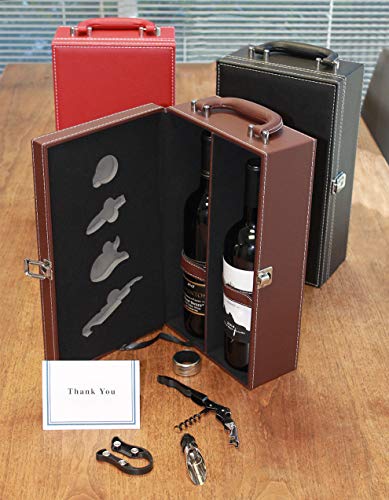Lifestyle Top Handle Travel Two-Bottle Wine Carrier Case with 4 Piece Wine Accessory Set (Brown) - color: Brown