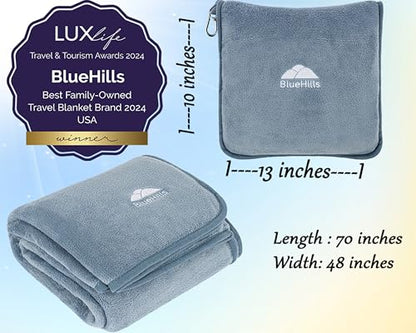 BlueHills Premium Soft Long Travel Blanket Pillow for Tall Airplane Flight Essentials Large Compact 2 in 1 Airline Throw Packable Warm Plane Traveling Comfort Accessories Grayish Blue T056 - color: Grayblue-long-t056