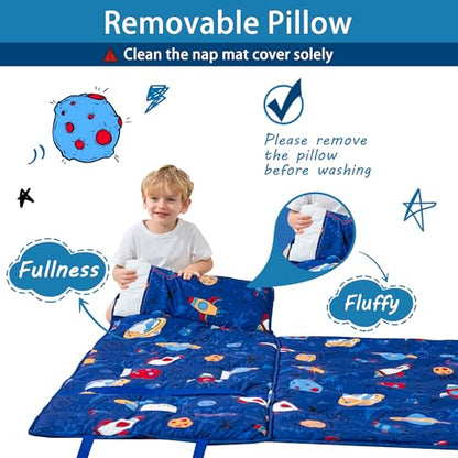 Lasoftan Toddler Nap Mat with Pillow and Blanket, Extra Large Rolled Napping Mats,Slumber Bags for Boys Girls,Kids Sleeping Bag for Daycare, Preschool Travel Camping - color: Universe