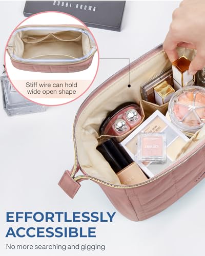 BAGSMART Makeup Bag Travel Toiletry Bag, Puffy Padded Make Up Bags for Women Makeup Organizer Case, Wide-open Pouch Purse Travel Essentials Toiletries Accessories Brushes, Dark Pink - color: 02-Dusty Rose Pink