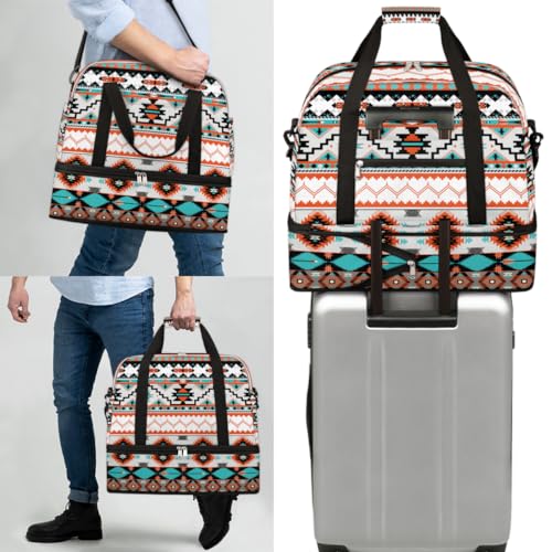 Travel Duffle Bags With Shoes Compartment for Women Men Aztec Western Ethnic Geometric Lightweigh Sports Tote Gym Bag Foldable Canvas Weekender Overnight Carry On Luggage Handle Bag - color: A04:Aztec Western