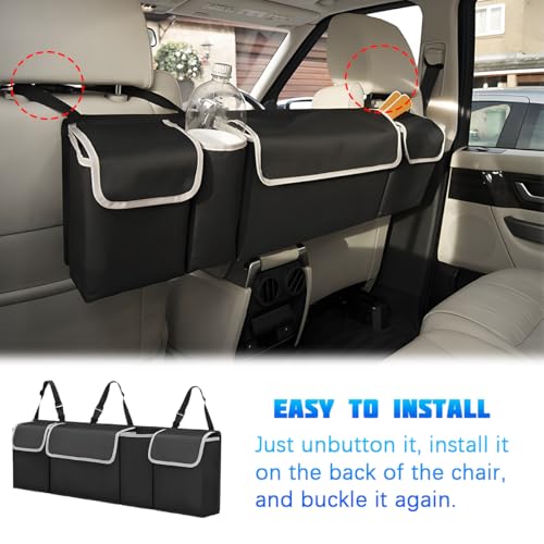 Car Trunk Organizer with Lid, Large Waterproof Vehicle Backseat Hanging Storage Bag with 4 Pockets & Adjustable Straps, Collapsible Automotive Interior Cargo Bag, Universal Fit (Black) - color: Black