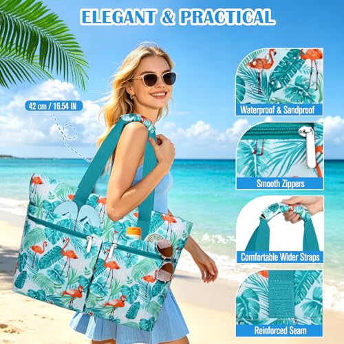 HUANLANG Large Beach Bags for Women Pool Bag with Zipper, Waterproof Sandproof Beach Tote Travel Bag with Wet Pocket - color: Green Forest Flamingo