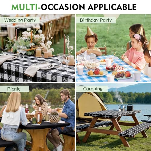 Picnic Table Cover with Bench Covers, Fitted 6ft Waterproof Tablecloth Set for Outdoor Camping & RV - Includes 1 Table Cover & 2 Bench Covers with Drawstring Storage Bag, 30"x72", White Black Grid - color: White Black Grid