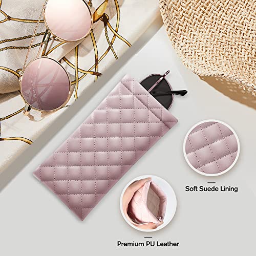 Squeeze Top Sunglass Pouch - Portable Sunglass Organizer Pouch Bags Soft PU Leather Glasses 2 Pack - color: Pink-black